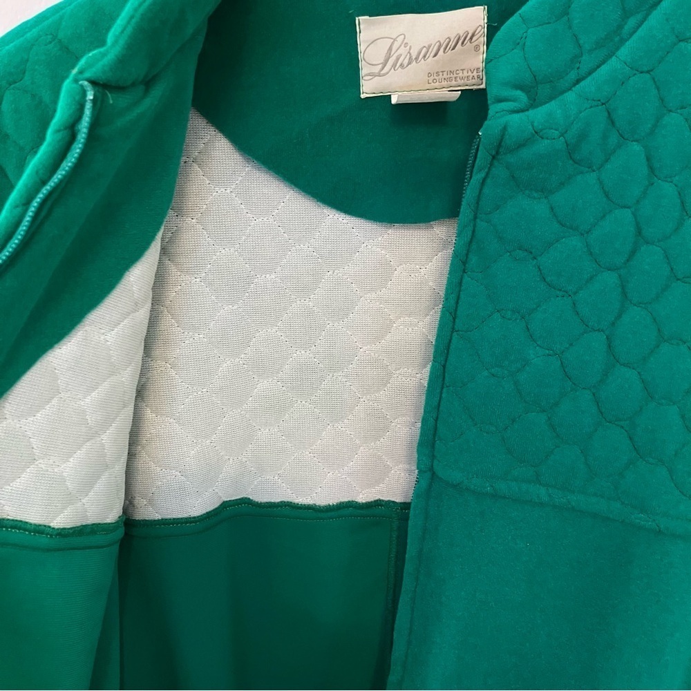 VTG 70s LISANNE Kelly Green Loungewear 3/4 Zip Velour Robe Sz. L Quilted Top - Picture 5 of 9